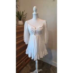 Indikah Cut Out Tie Back Mini Dress Balloon Sleeve White Boho Cottagecore M
